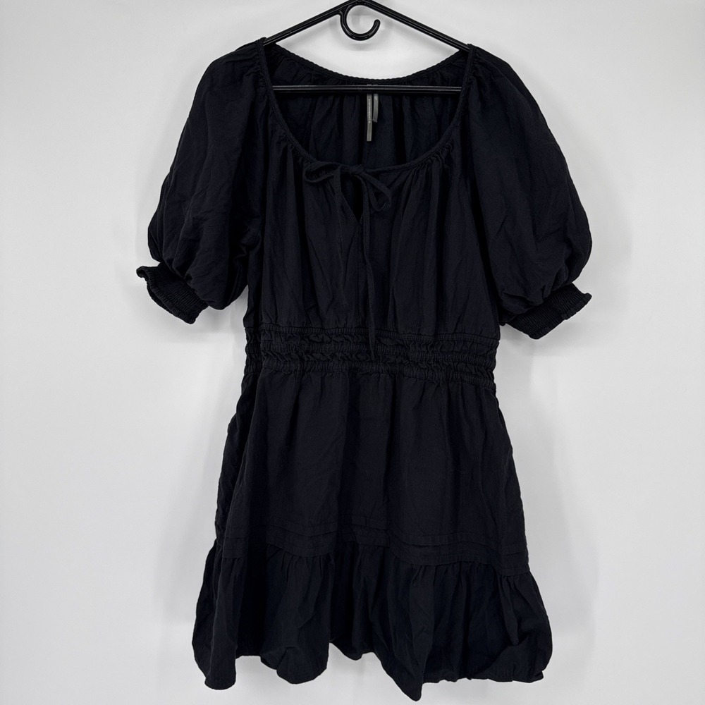 Anthropologie Somerset Mini Dress XLP Black Smocked Puff Sleeve Peasant Boho